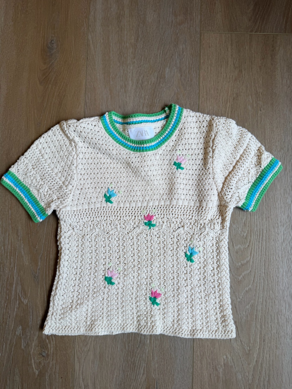 Zara Cream Crochet Knit Short-Sleeve Sweater with Green and Blue Trim